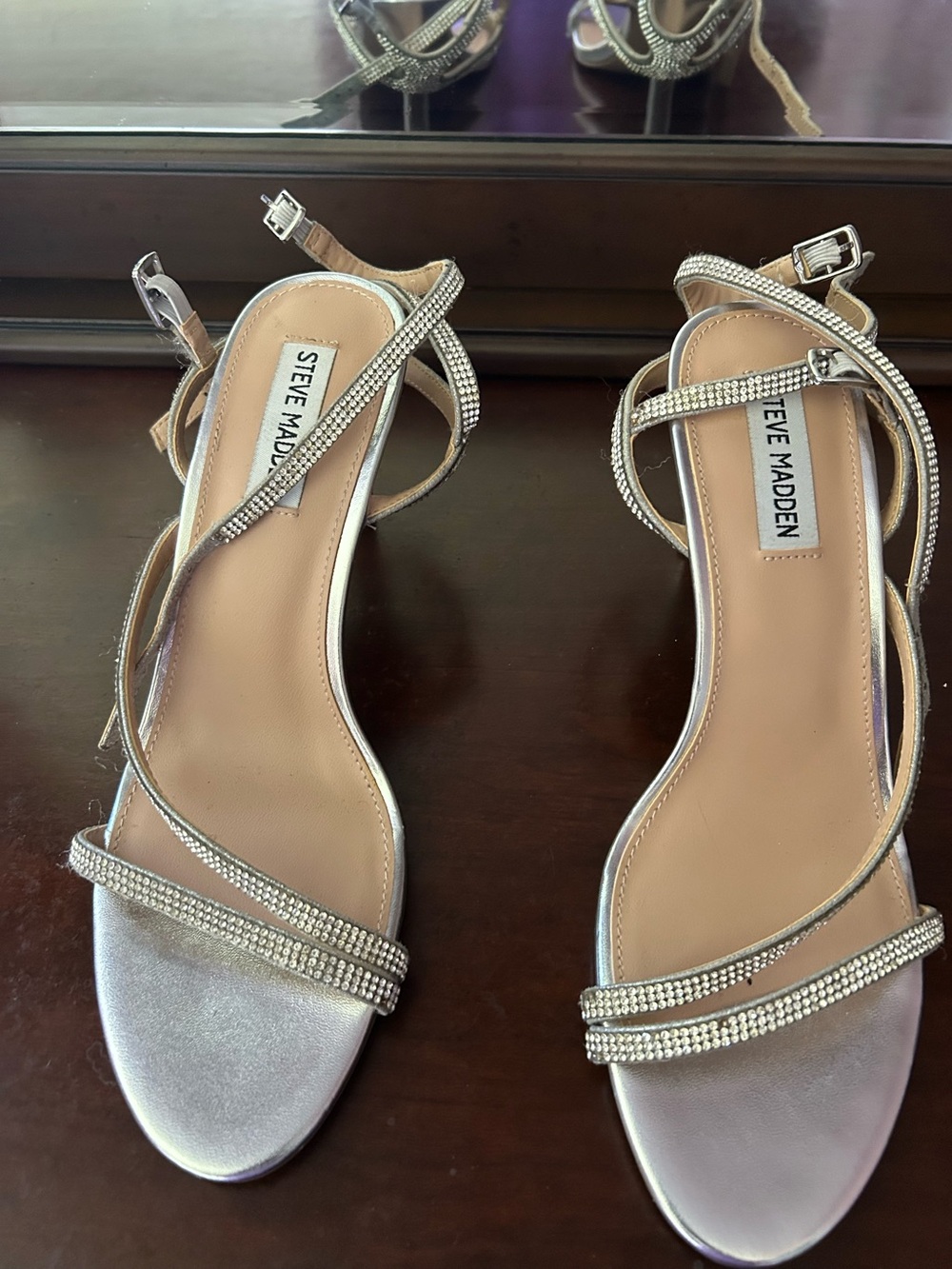 Steve Madden Silver Crystal-Strap Heeled Sandals